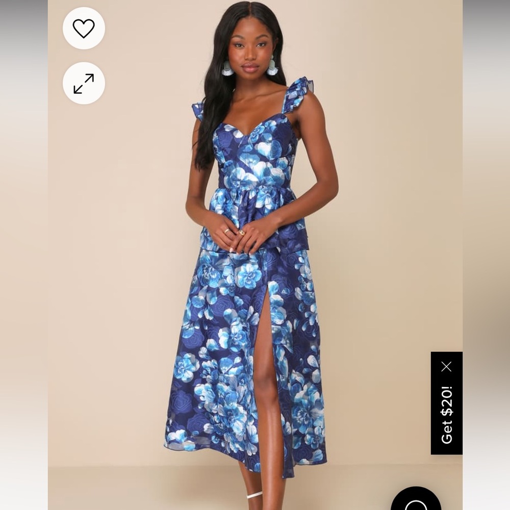 Memorable Poise Blue Floral Ruffled Bustier Midi Dress